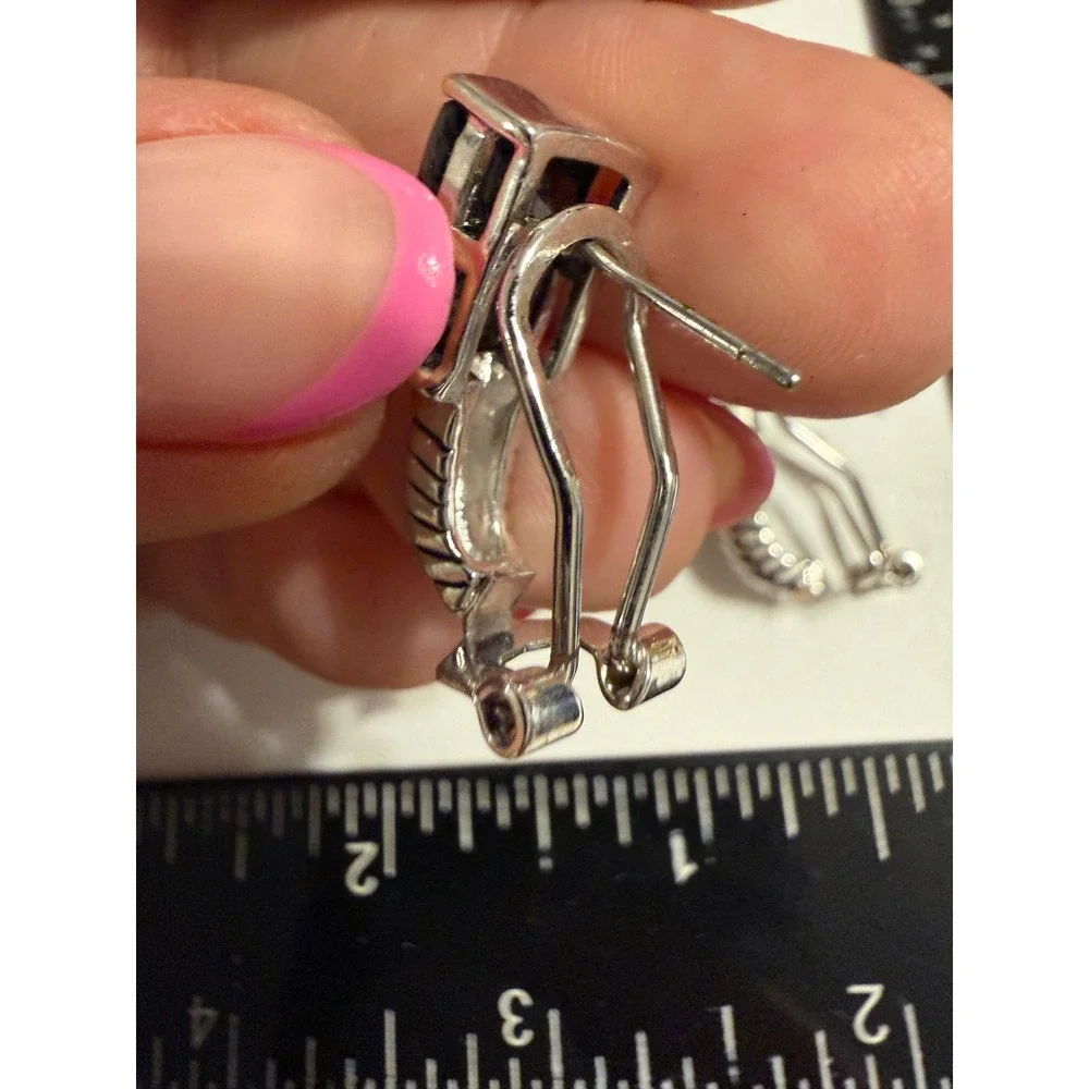Black Emerald Cut Two Tone Cable Hoop Earrings Omega Back Costume Jewelry
